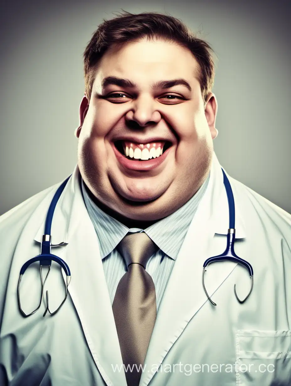 Smiling-Overweight-Dentist-with-White-Teeth-Examining-Patient