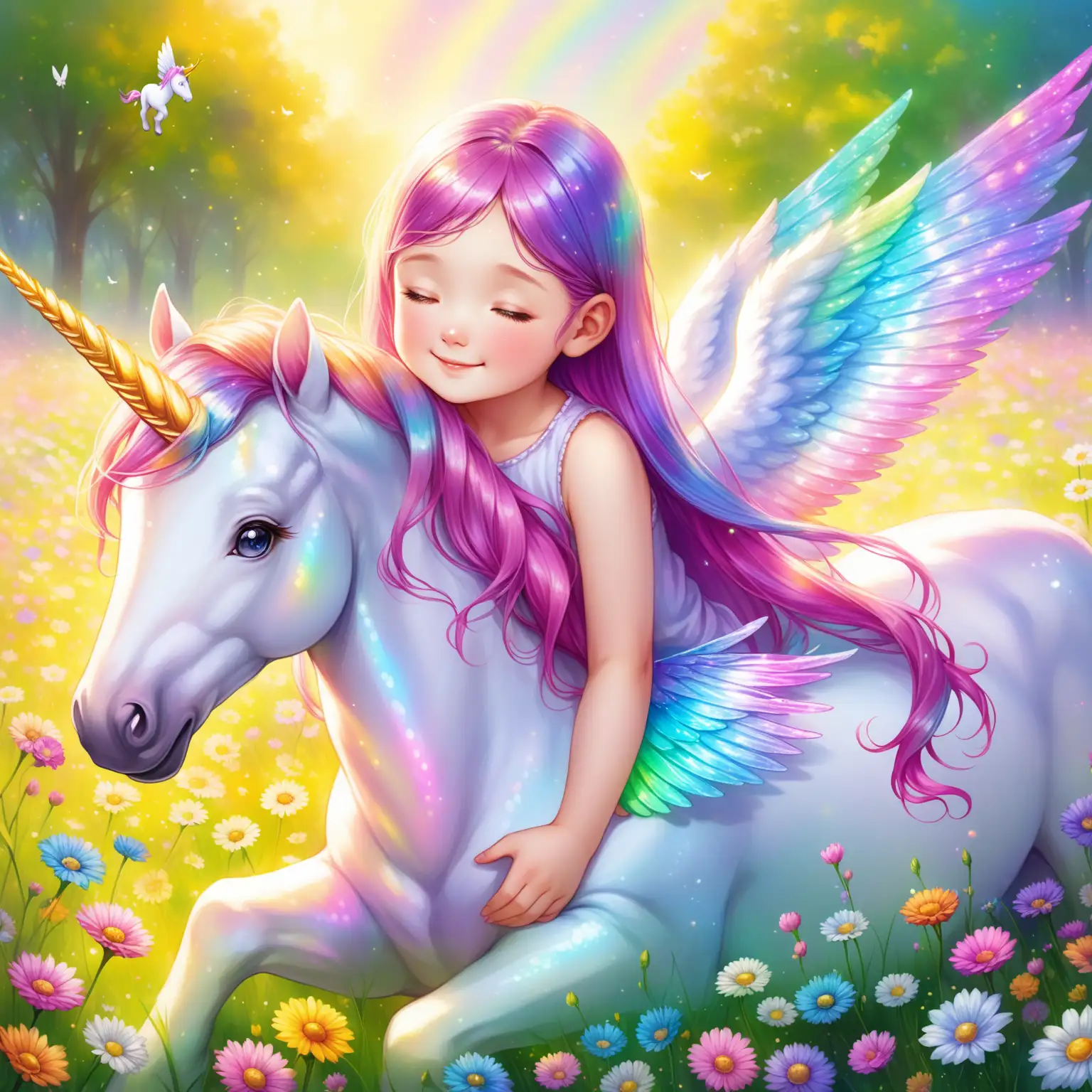 A vibrant and colorful realistic typical  downs  syndrome girl she has long colourful hair she is  happy with iridescent wings and she is in a meadow of flowers playing with her pet unicorn