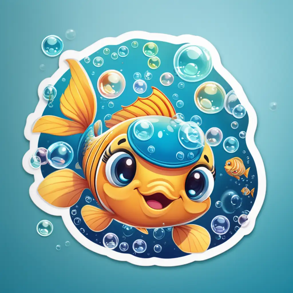 /imagine design a sticker with A cheerful fish surrounded by bubbles, creating a cute and bubbly atmosphere colorful