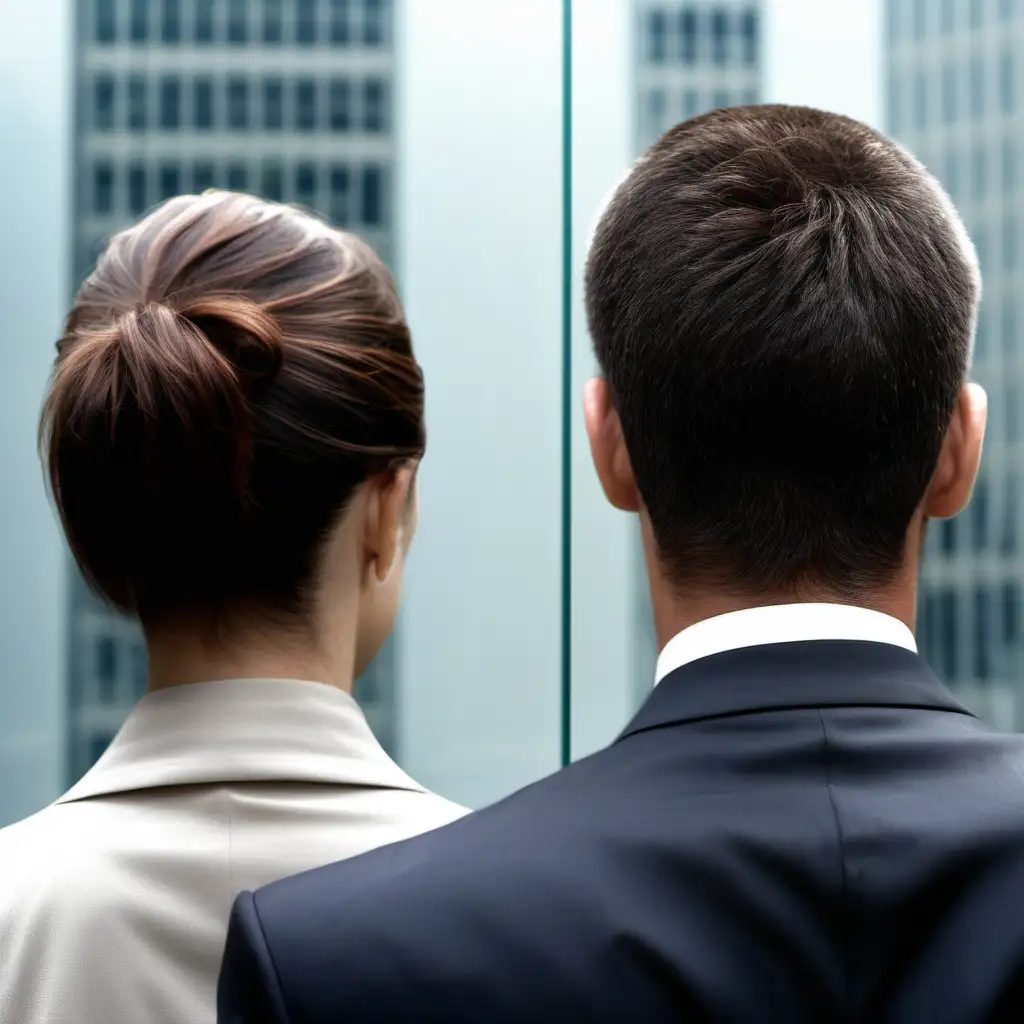 business man and woman looking at glass window from behind with reflection. Back of heads. You can see the front of their bodies and faces in the glass reflection. 