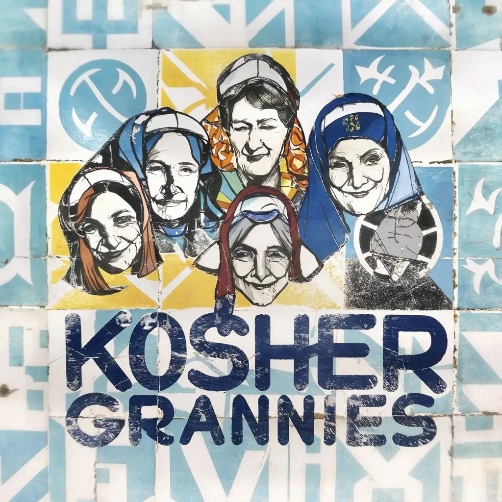 logo, Israel, yellow, blue, white, Jewish grannies with headcovers, in Portuguese tiles with Jewish symbols, Paul Klee, with the text "Kosher Grannies", typography, be used in art industry
