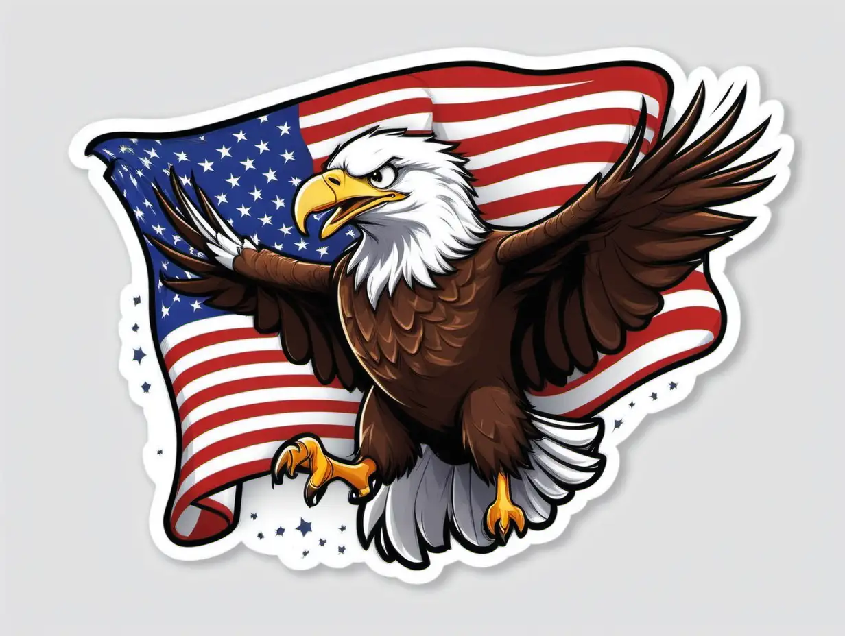 Excited Bald Eagle with American Flag Sticker on DisneyThemed White Background