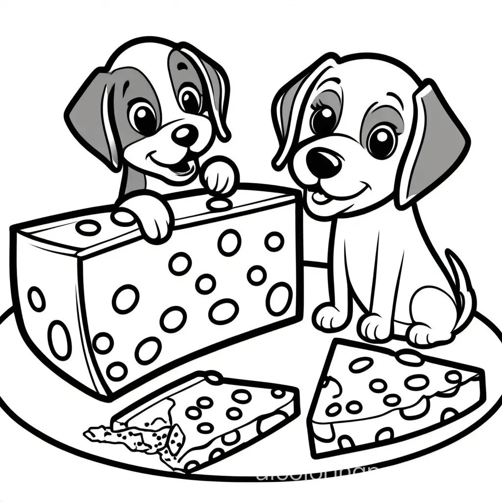 Dogs eating cheese

, Coloring Page, black and white, line art, white background, Simplicity, Ample White Space. The background of the coloring page is plain white to make it easy for young children to color within the lines. The outlines of all the subjects are easy to distinguish, making it simple for kids to color without too much difficulty