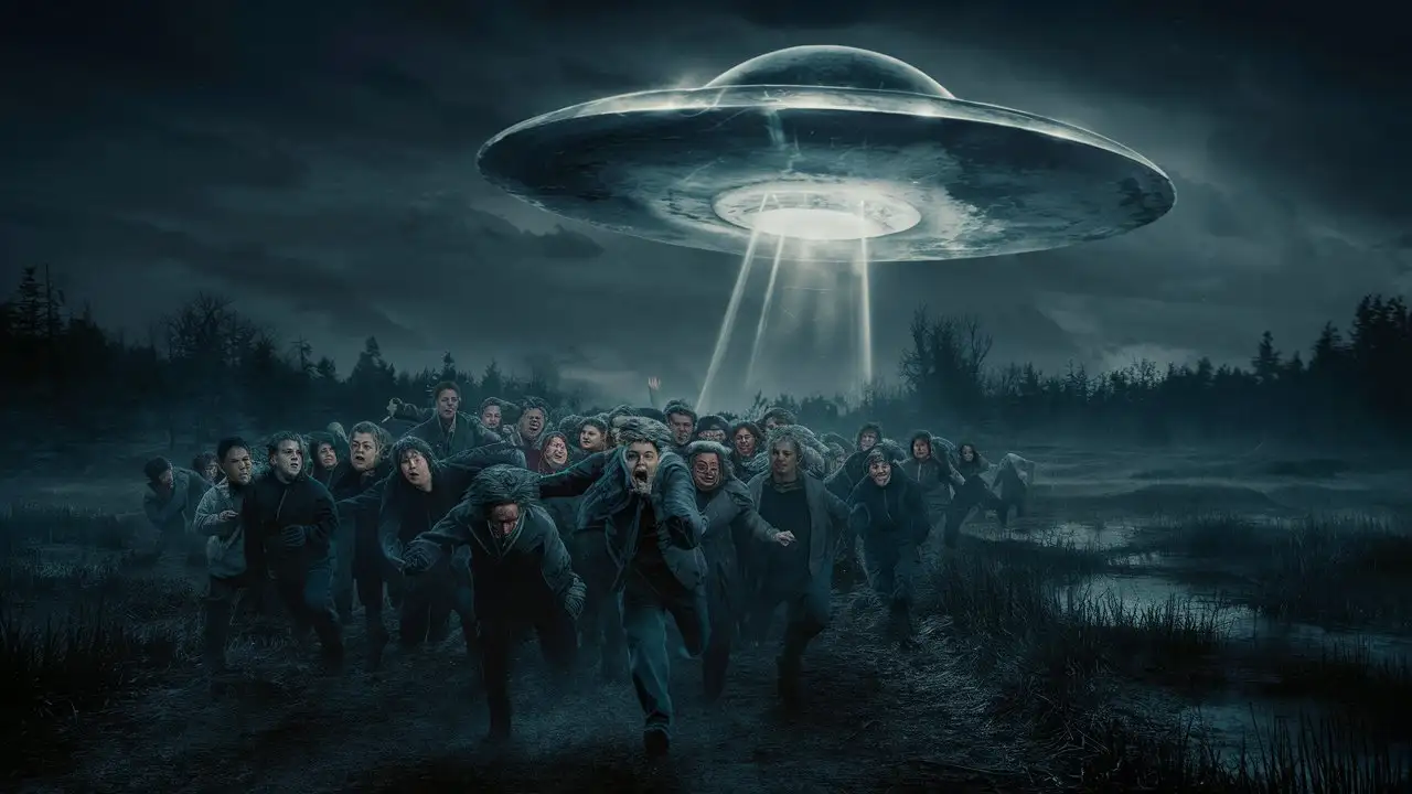 PanicStricken Crowd Fleeing from SphereShaped UFO Over Dark Forest at Night