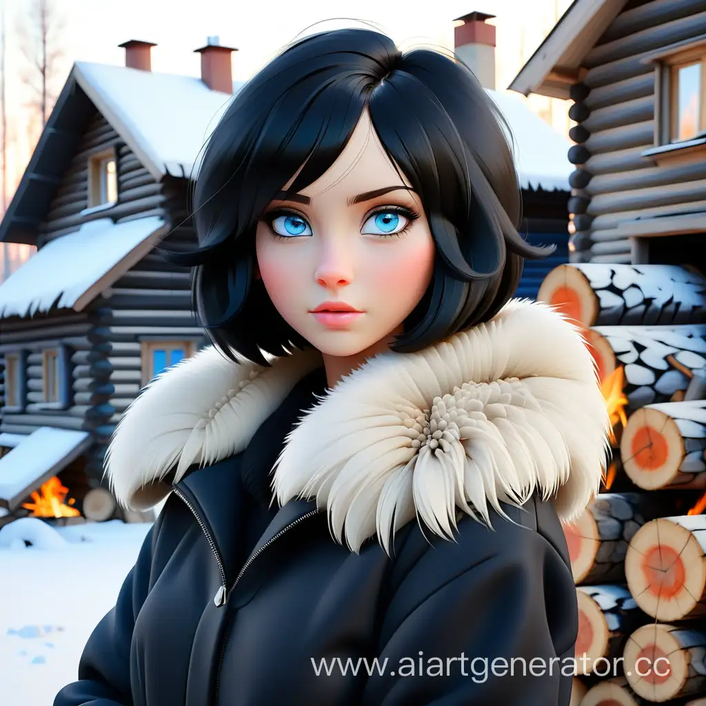 Девушка с черными волосами, стрижка карэ. У неё голубые глаза. Стоит в чёрной куртке с меховым воротником, зимой в русской деревне на фоне дров