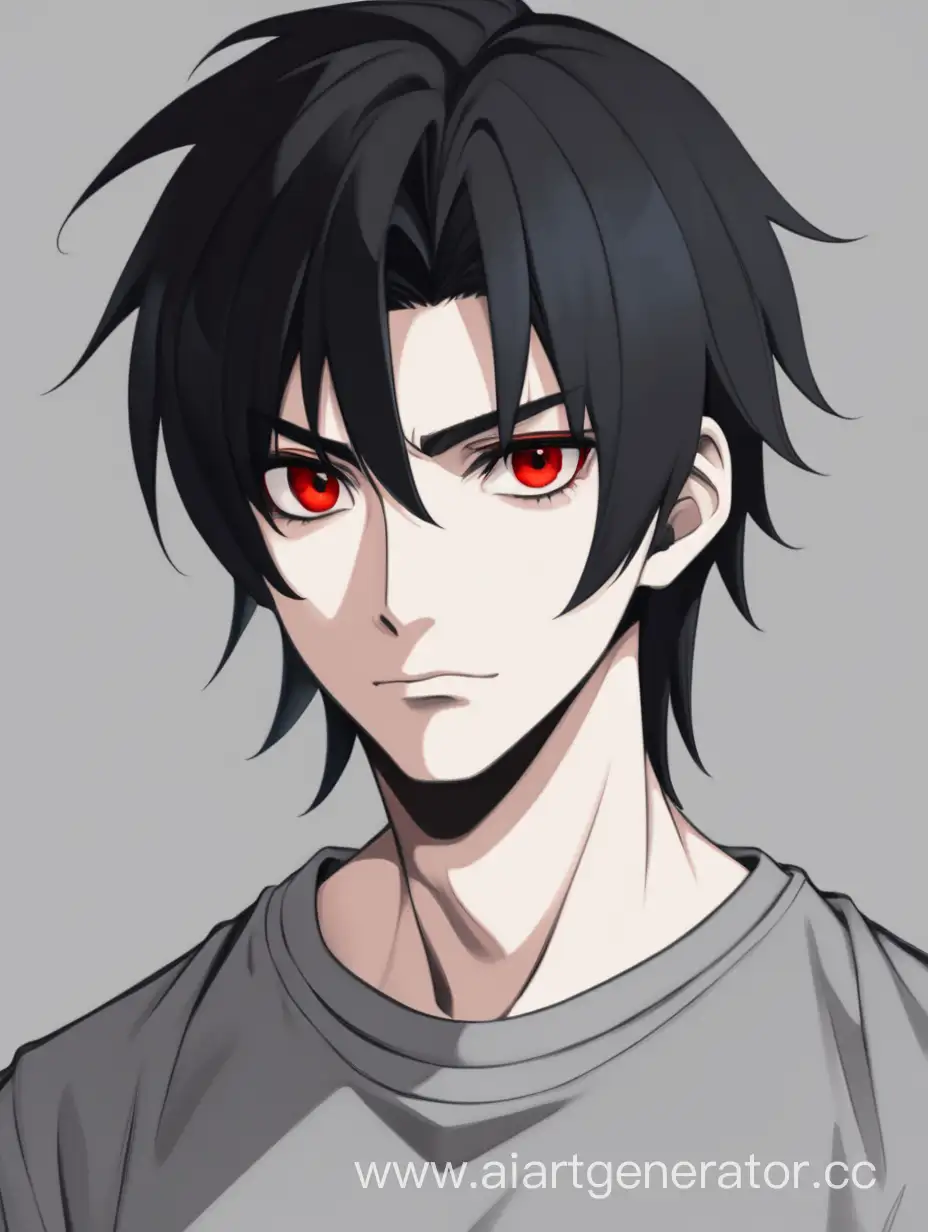 22-х летний парень, чёрные волосы, красные глаза, серая футболка 