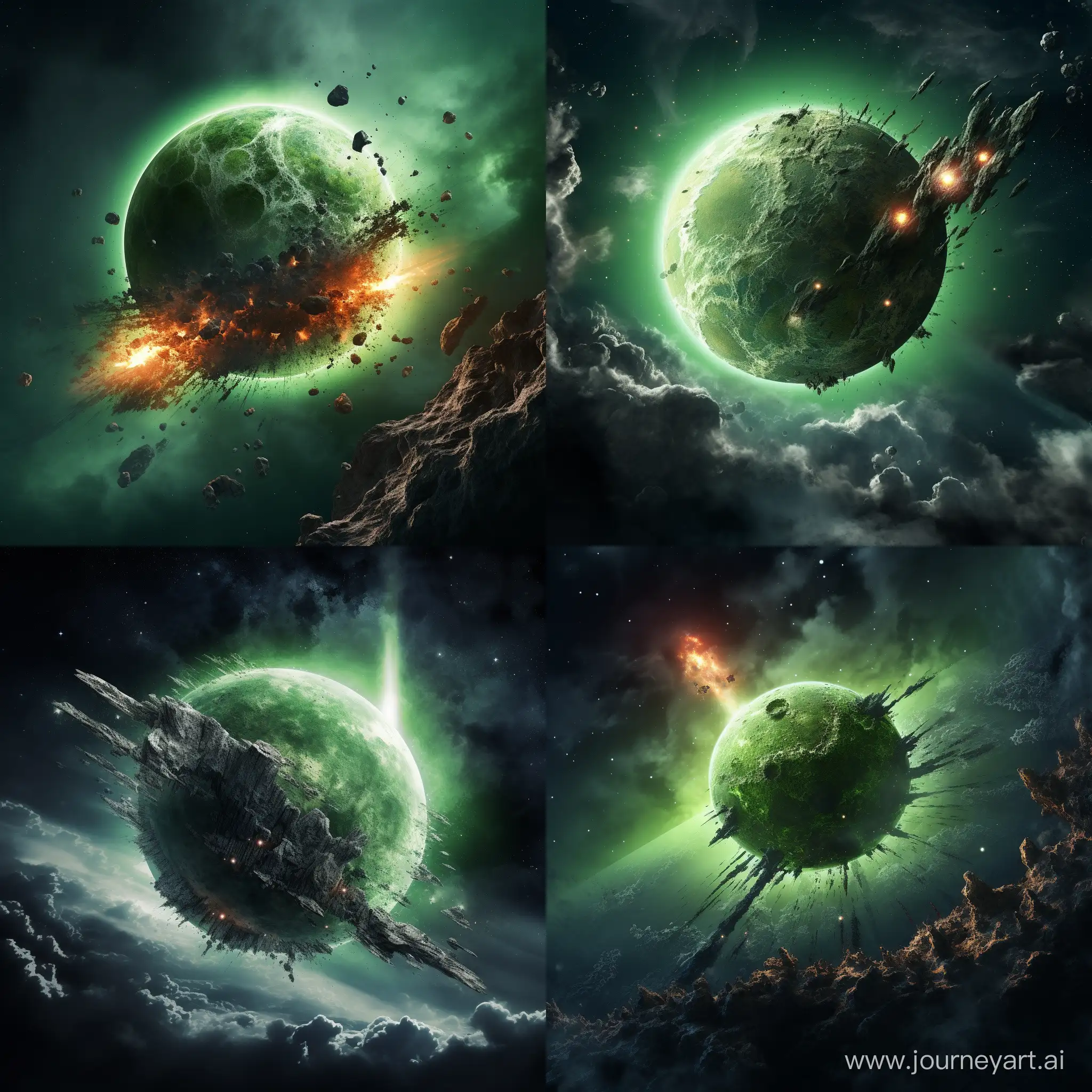 Green-Planets-Drill-Bit-Journey-Moon-Impact-and-Explosion
