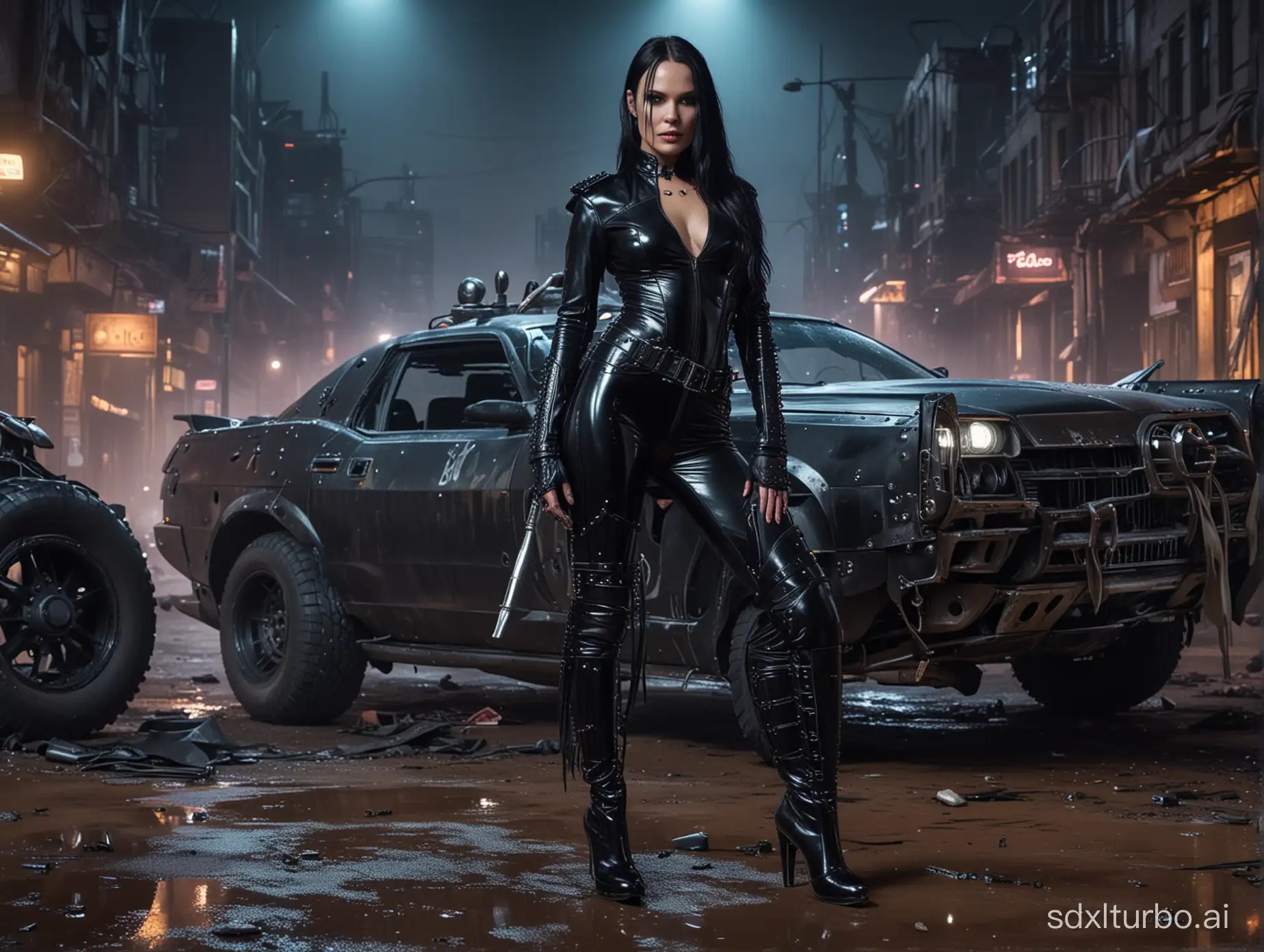 detailled hd photo , full-length framing , cyberpunk police woman Tarja Turunen standing , wearing black low-cut shinny pvc catsuit , wearing long shiny pvc gloves , wearing shinny pvc thigh high boots , spikes and studs , in destroyed cyberpunk city at night with mad max car , inlighted by neons