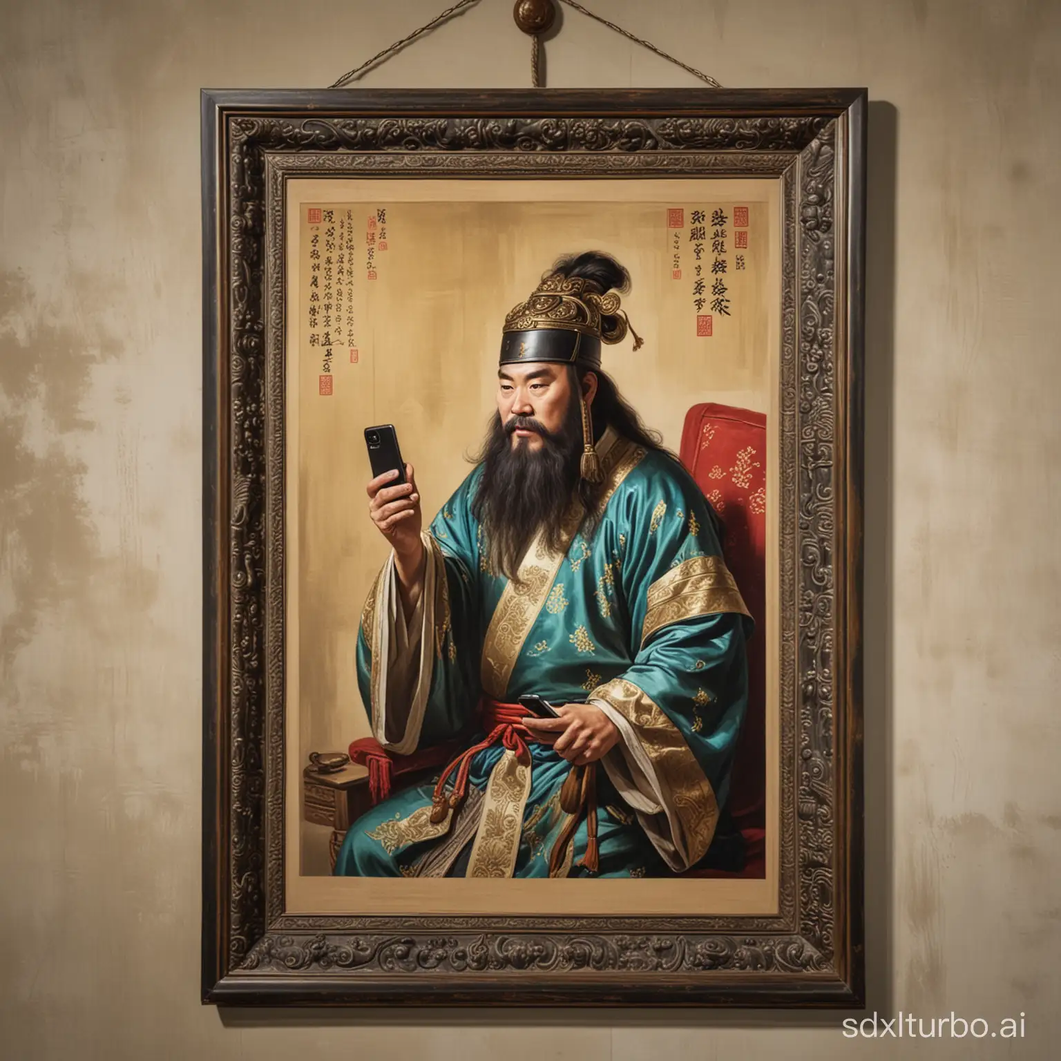 A painting hanging is Guan Gong looking at a cellphone.