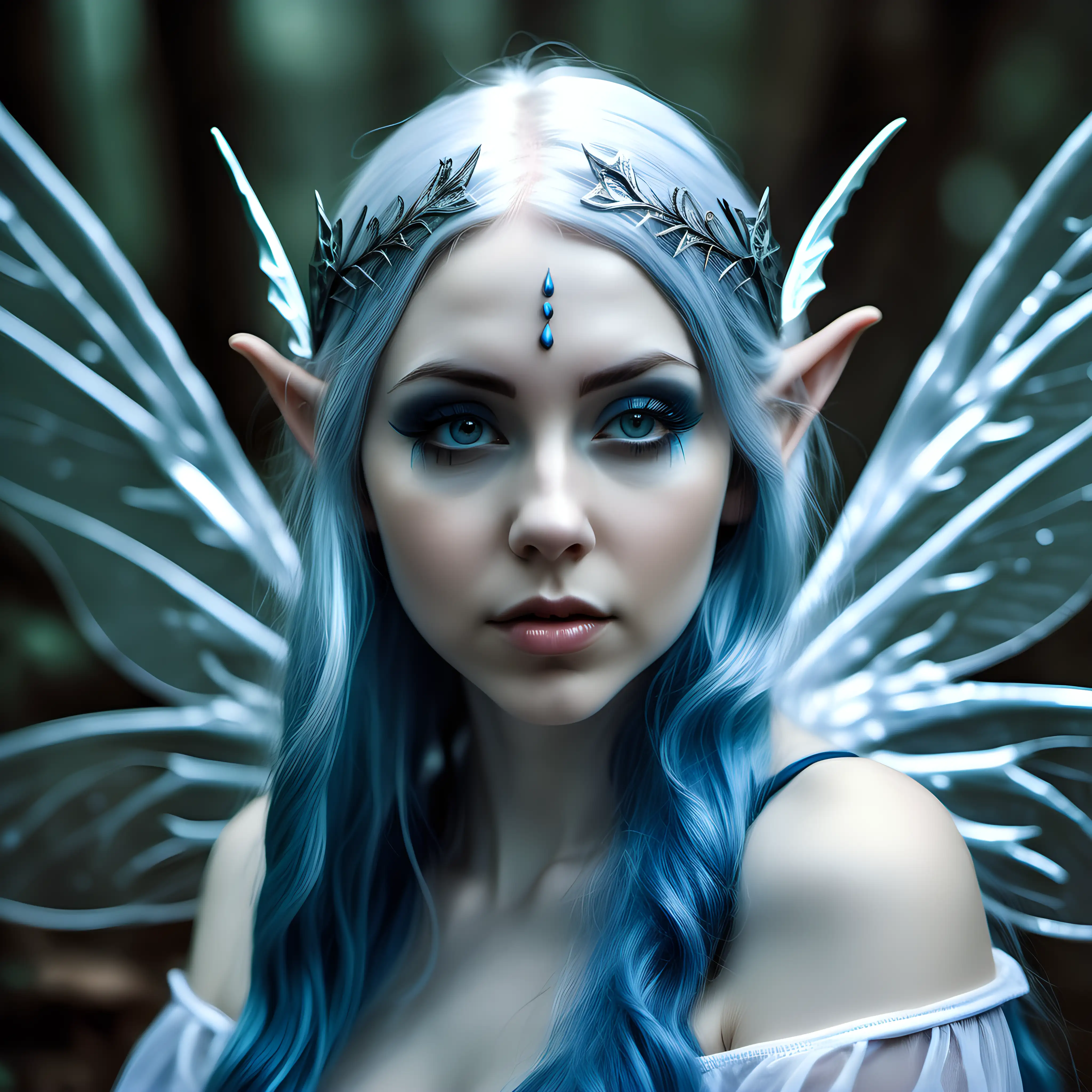 Beautiful voluptuous female ice elf, gossamer fairy wings, age 27 years, pale white skin, pointy ears, long blue hair, contemplative expression that reflects longing, fantasy style, closeup portrait, photography