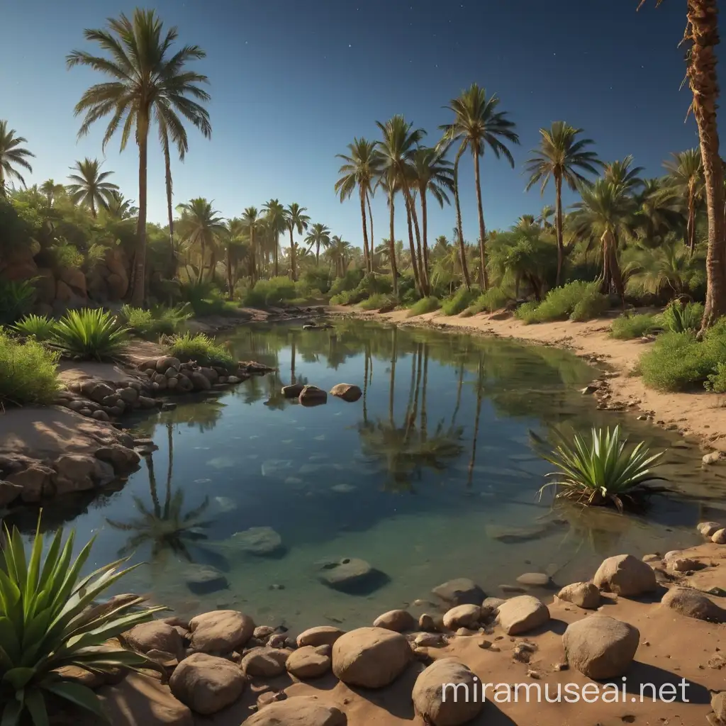 Clear Oasis Surrounded by Desert Rocks and Coconut Trees