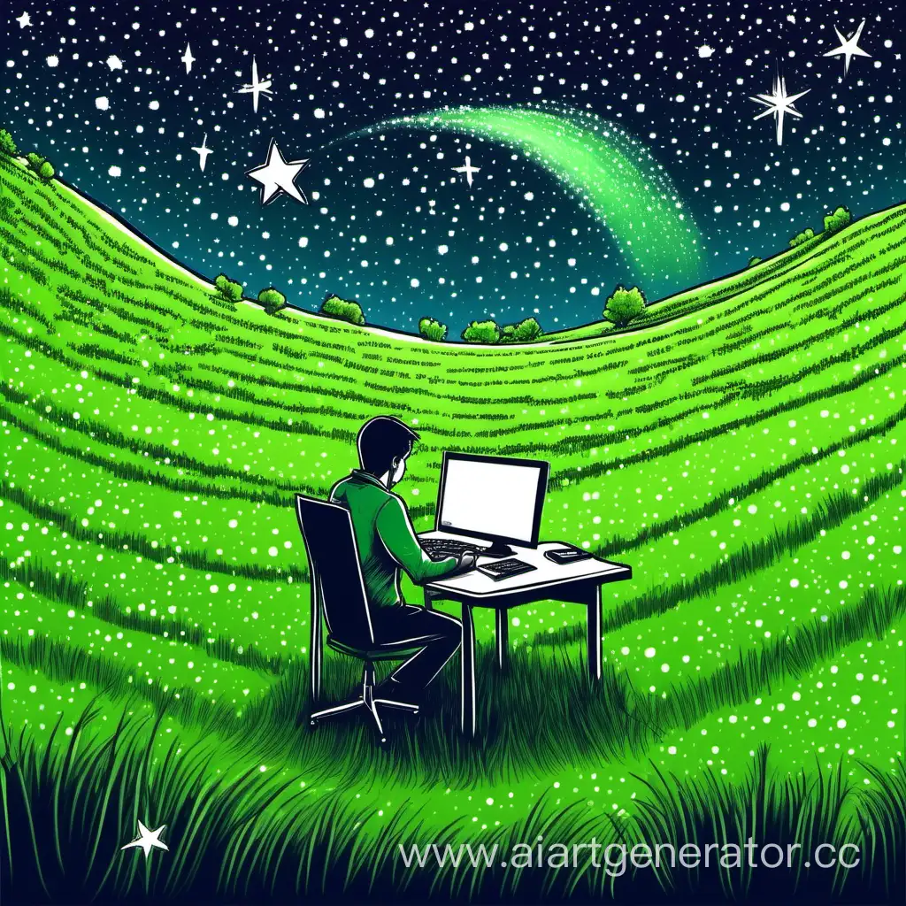 нарисуй программиста работающего ночью за компьютером в чистом поле вокруг много зелёной травы похожей на газон в небе звёзды