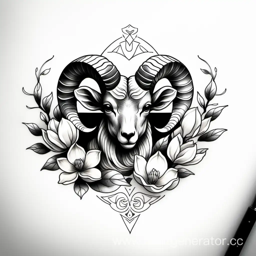 Aries-Tattoo-Sketch-with-Subtle-Magnolia-Under-the-Chest-Unique-Small-Design