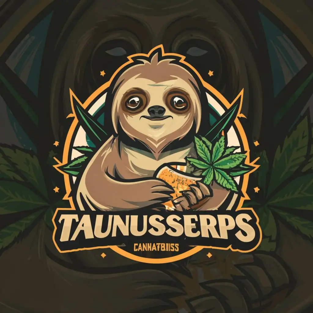 a logo design, with the text 'TaunusTerps®', main symbol: a stoned sloth holding a bag of cannabis and a bag with seeds. Leave the style of the sloth the same, complex, clear background