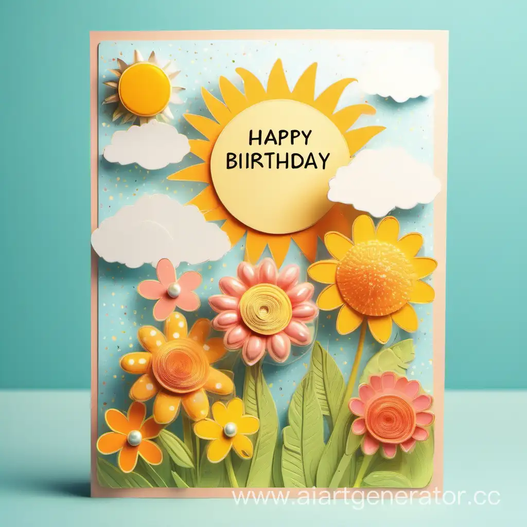 Милая и красивая добрая открытка с днем рождения, с солнцем на небе и цветами