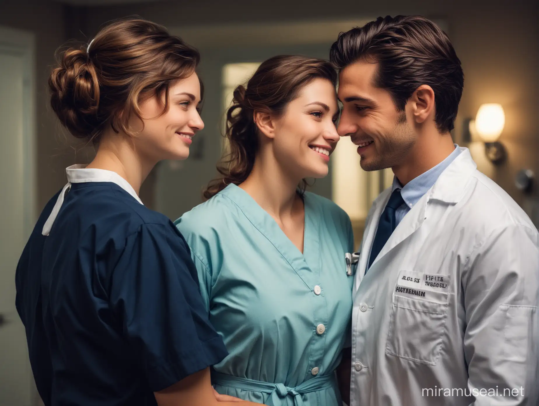 una enfermera muy bella con su uniforme antiguo y un doctor hombre joven y apuesto viéndose con amor dentro de un cuarto de hospital en la noche.