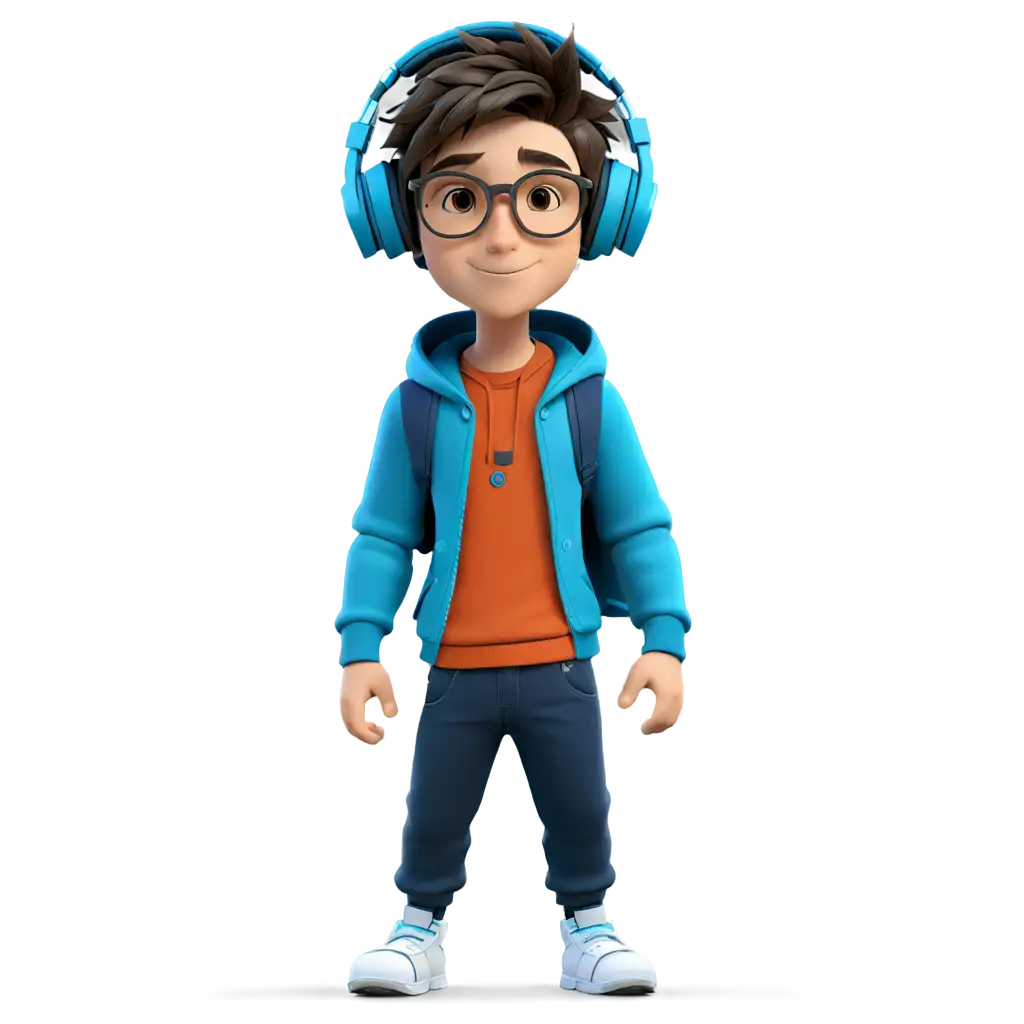 A boy wears specs like handsome people with the headset give it in a animated way but not too much animated
