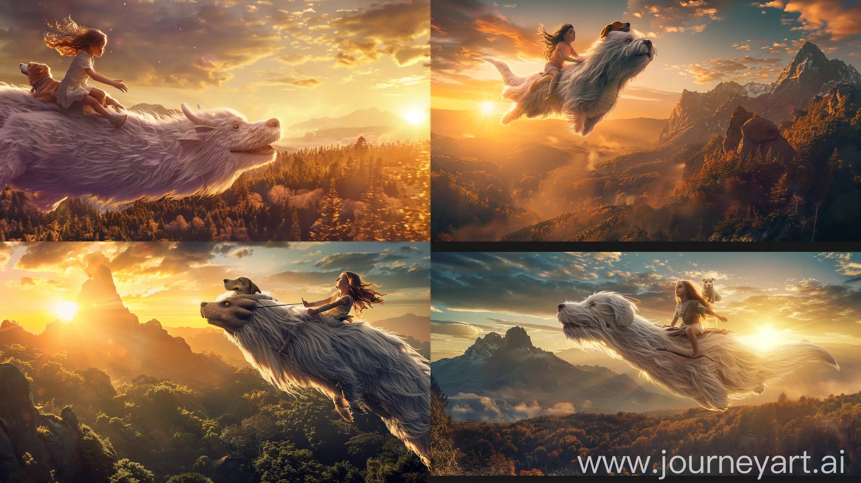 A young girl flying through the sky with the sun setting over a magical forest with high mountains. The girl is sitting on a large white hairy dragon with a dog's head from the movie Never Ending Story, just like real, not drawn. atmospheric lighting. hyperrealistic, canon eos r3, 50mm, cinematic, megapixel cinematic lighting, anti-aliasing, SFX, VFX, CGI, RTX, SSAO, FKAA, TXAA, HDR, 8k --ar 16:9