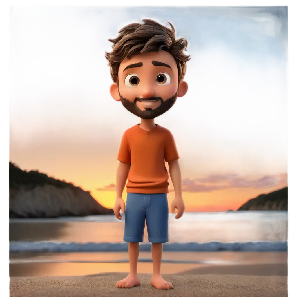 alone cute boy with little beard wearing glass cartoon beach sunset background