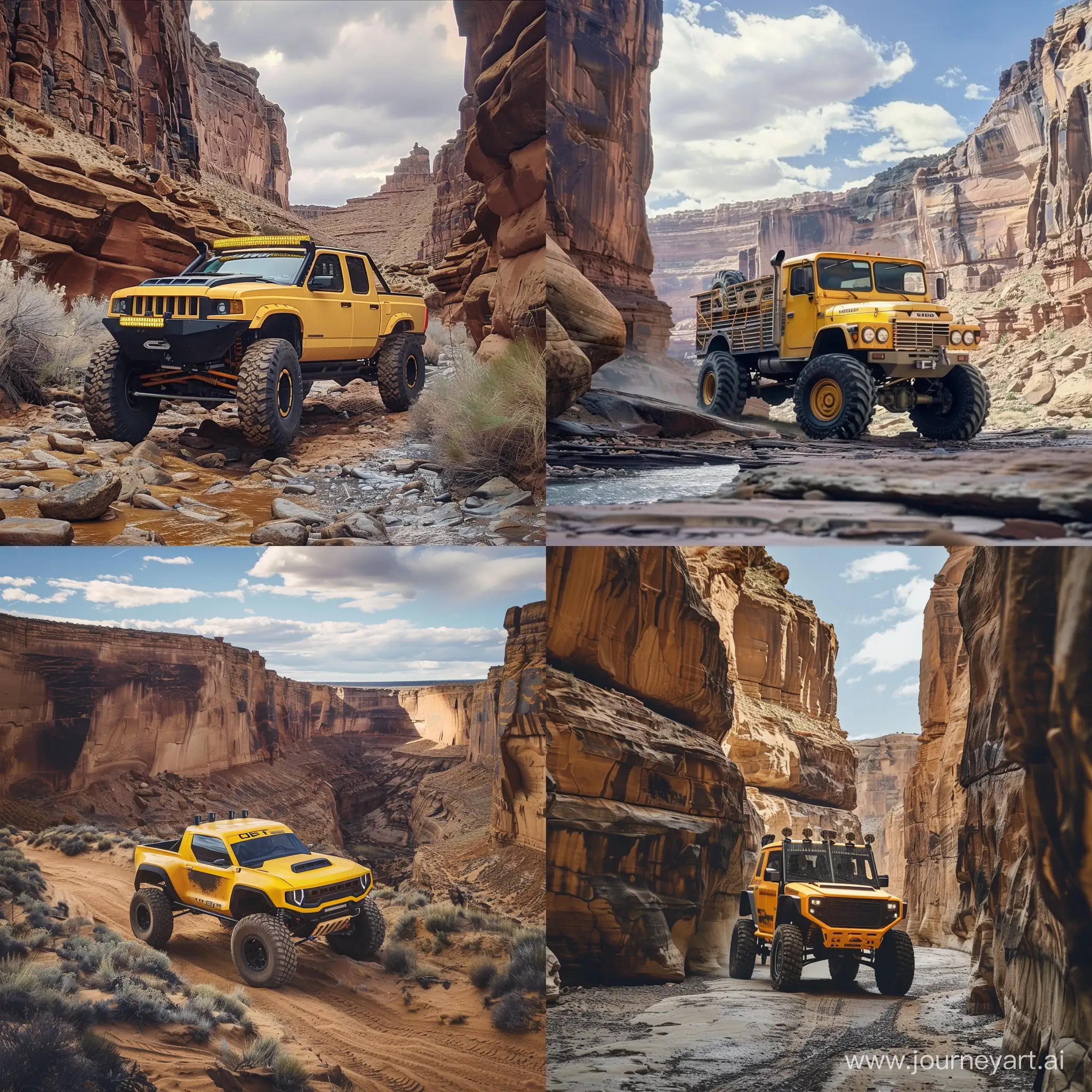 Yellow-Off-Road-Truck-Driving-Through-a-Canyon