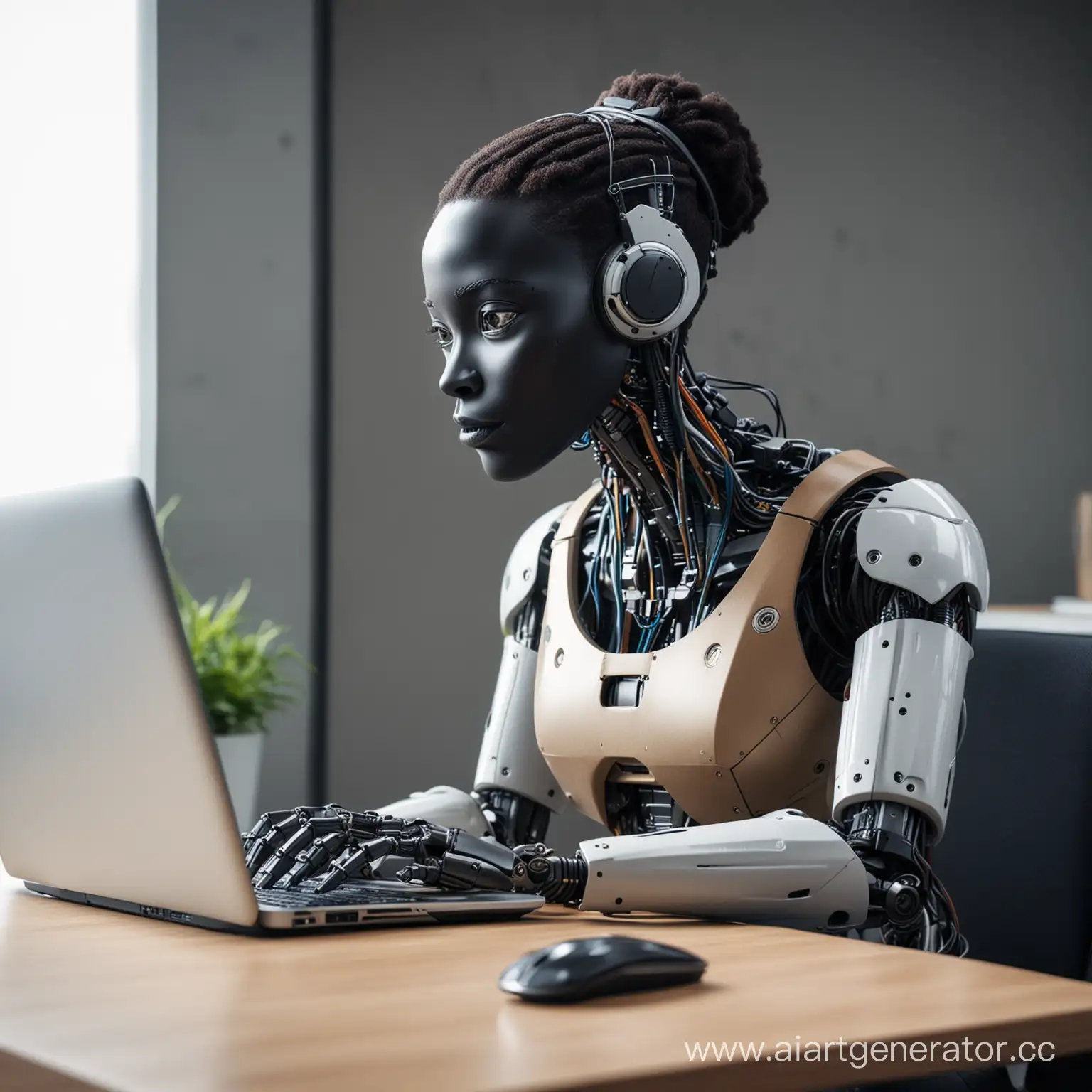 African-Robot-Typing-at-Computer-Desk