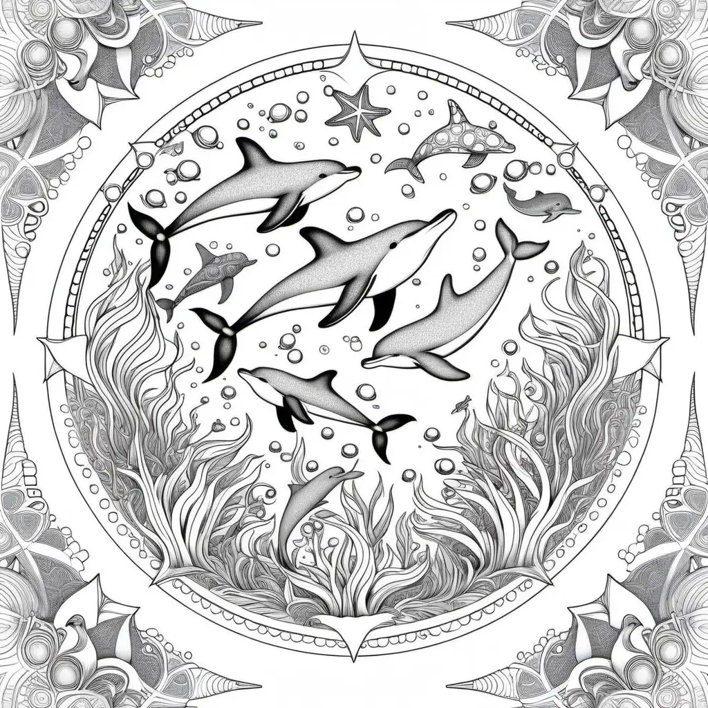 Create a mandala with underwater animals including narwhals, dolphins, and starfish.
Aim for simplicity and clean lines making this coloring page and appealing and easy to color design for adults. Crisp lines and white background --ar 17:22 --style raw
