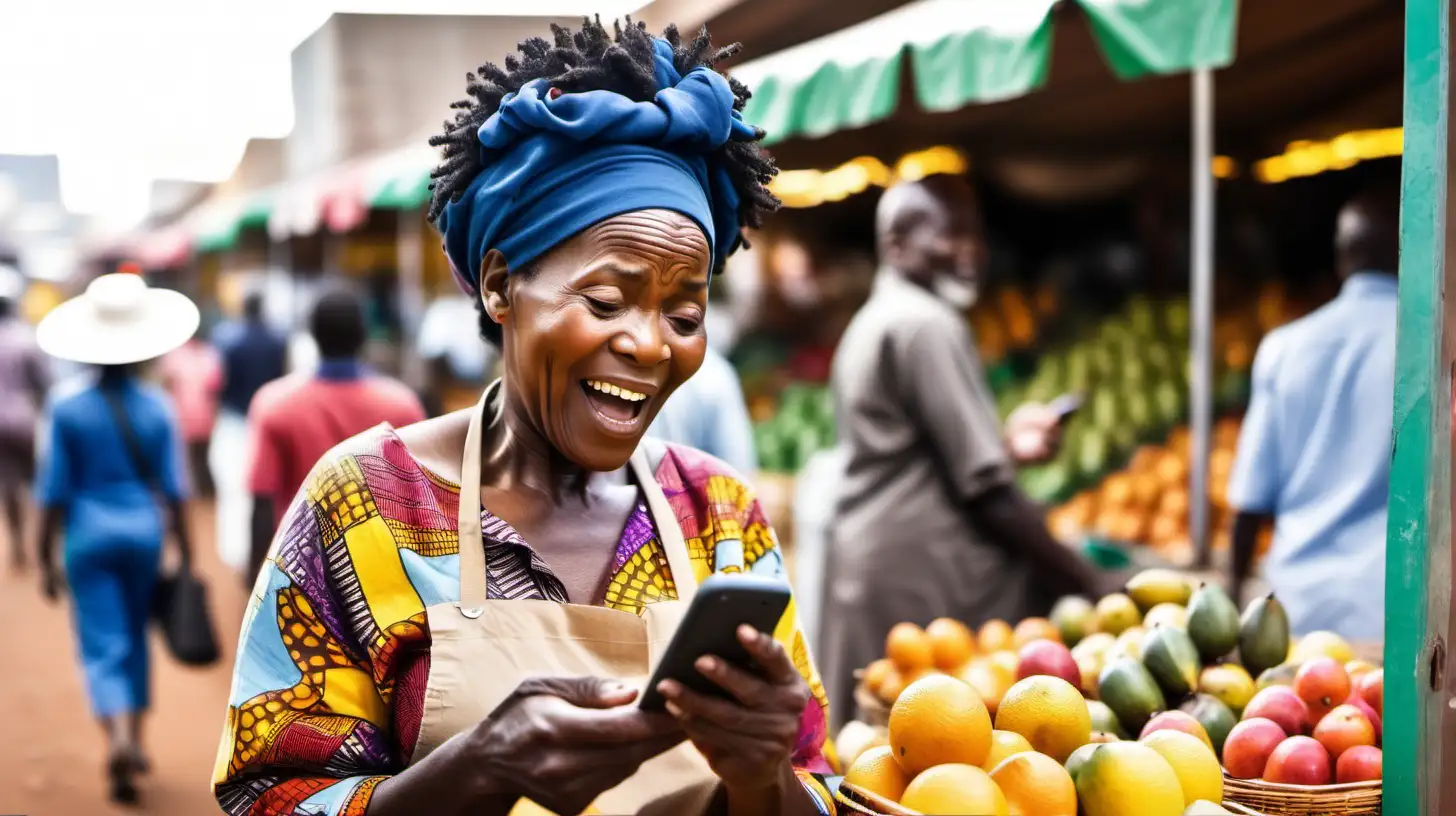 Mature African fruit vendor reading text message on mobile phone with happy surprised look on her face at the market