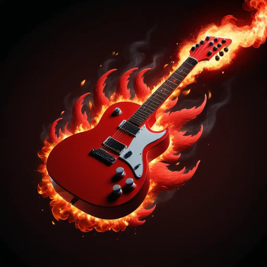 red guitar with wheels flying through the air with fire coming out the back