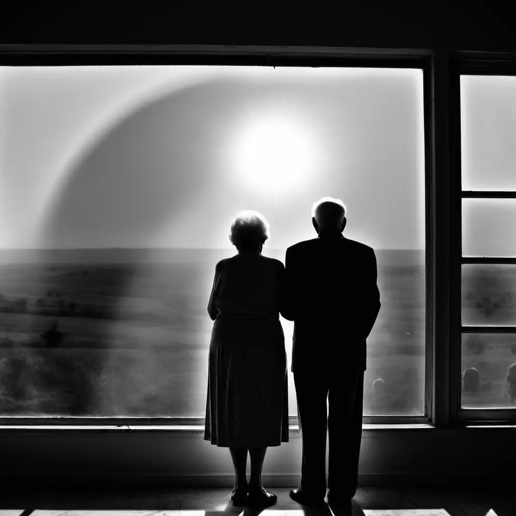 a very old husband and wife faceing away looking out of a big picture window at the setting sun. Dust beams and black and white