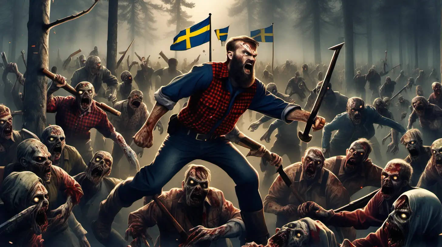A swedish lumberjack attacking a horde of zombies. The lumberjack has a swedish flag. War