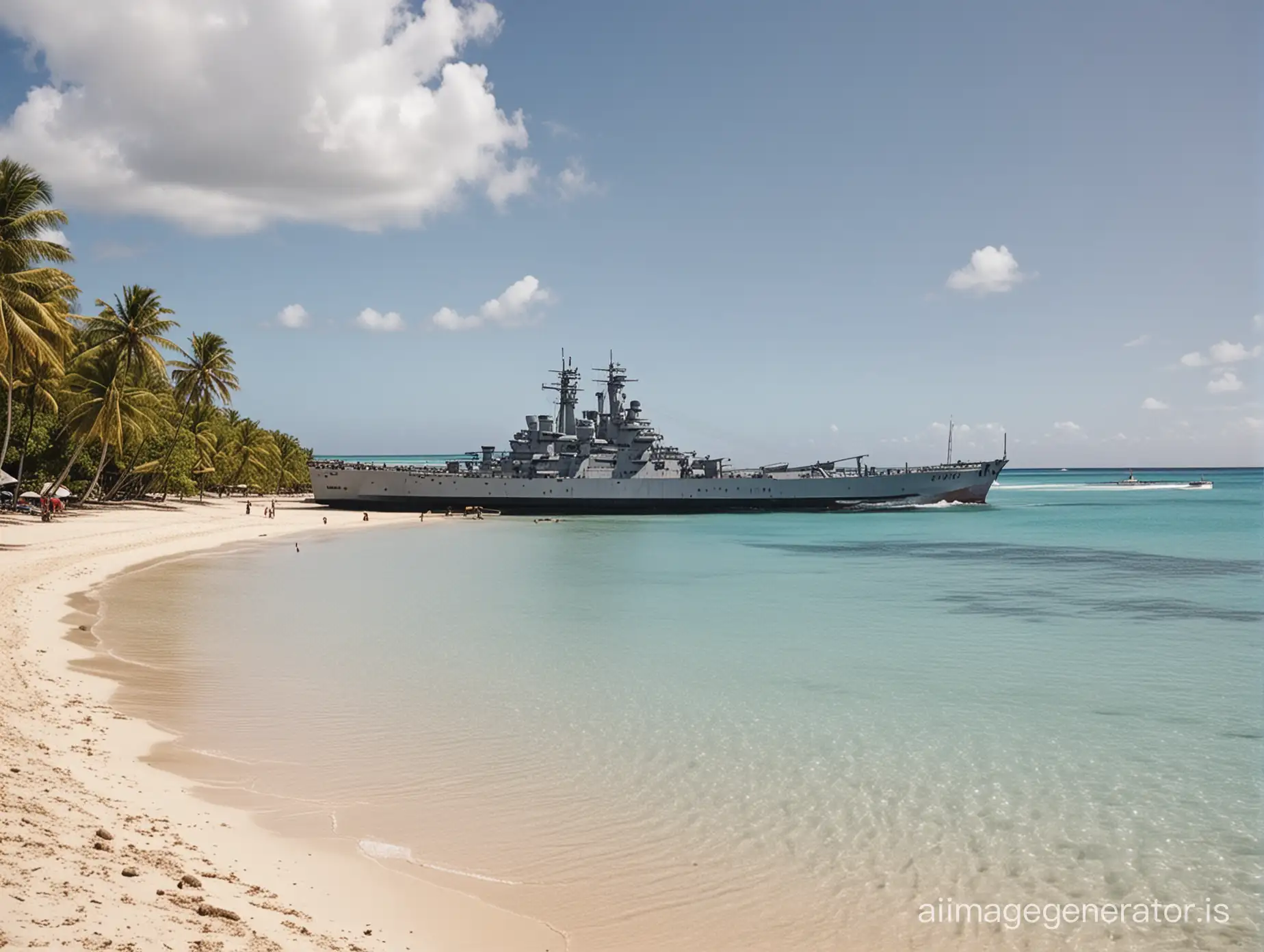 Mauritius Beach and sea, Large Battleship on shore