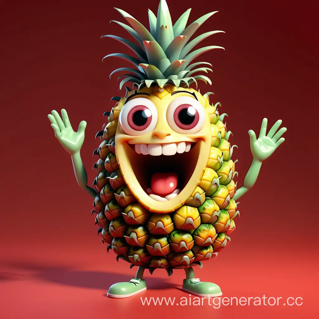 Cheerful-Cartoon-Pineapple-Character-on-Vibrant-Red-Background