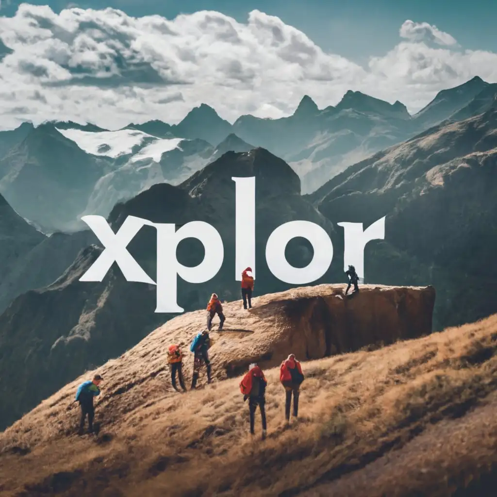logo, Mountains in the shape of an X, nature, and group of leaders climbing it. , with the text "Xplor", typography, be used in Travel industry