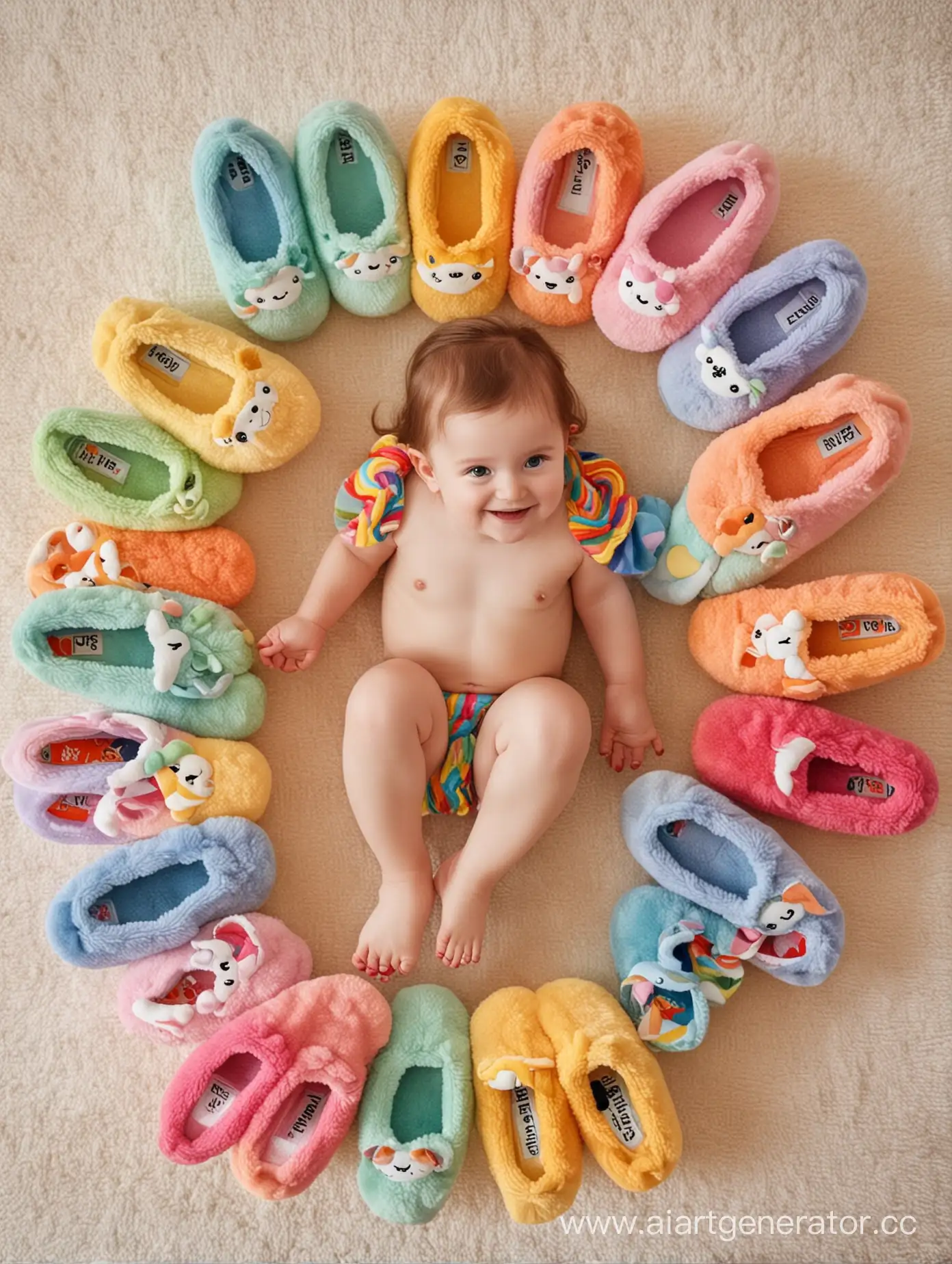 Joyful-Children-Playing-in-RainbowColored-Slippers-under-a-Captivating-Sky