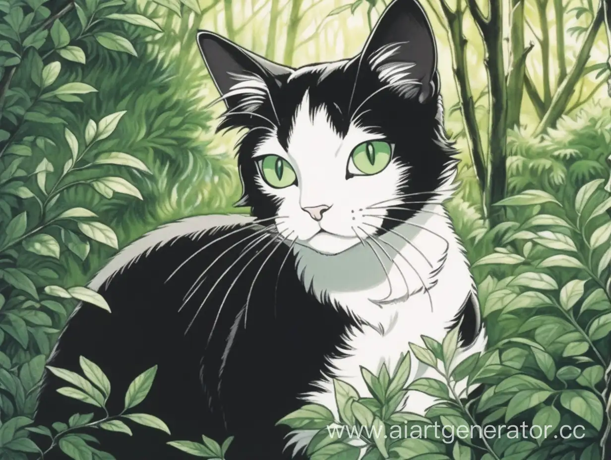 Черно-белый кот в кусте, зеленые глаза, локация лес, стиль аниме 90х