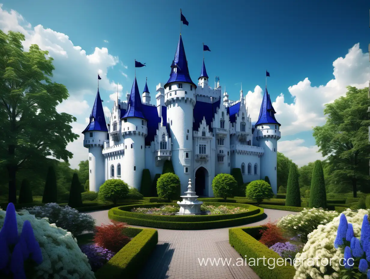 huge, majestic, very tall, royal, powerful, beautiful, white castle with dark blue roofs, one very tall tower, the castle stands on a flat surface, various trees and shrubs grow in the distance, beautiful flowers bloom luxuriantly, walking paths, summer