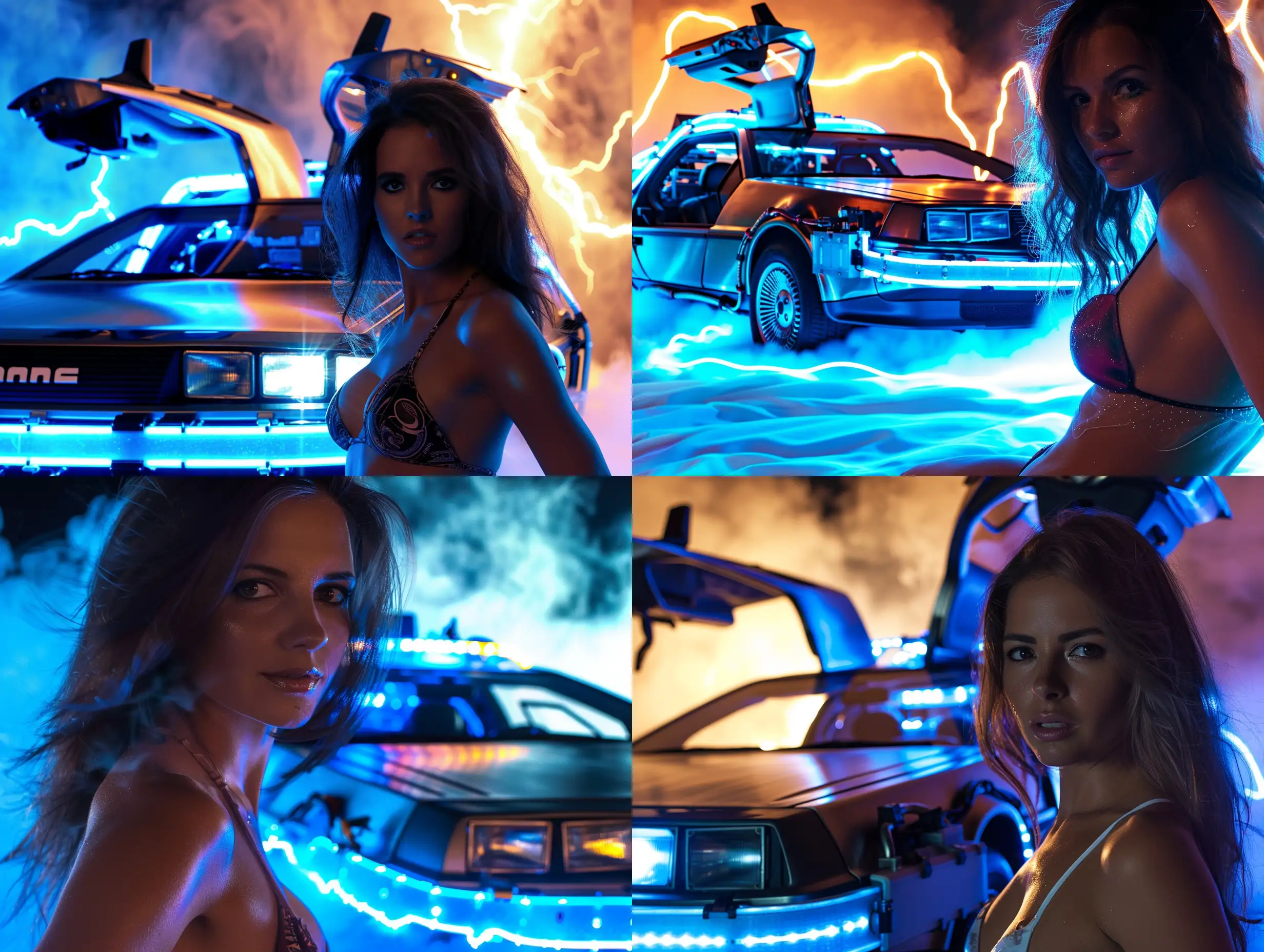Back to the Future Delorean in background lit up with neon, fire trails, blue lightning, smokey, futuristic, artistic with attractive woman in bikini close to camera 