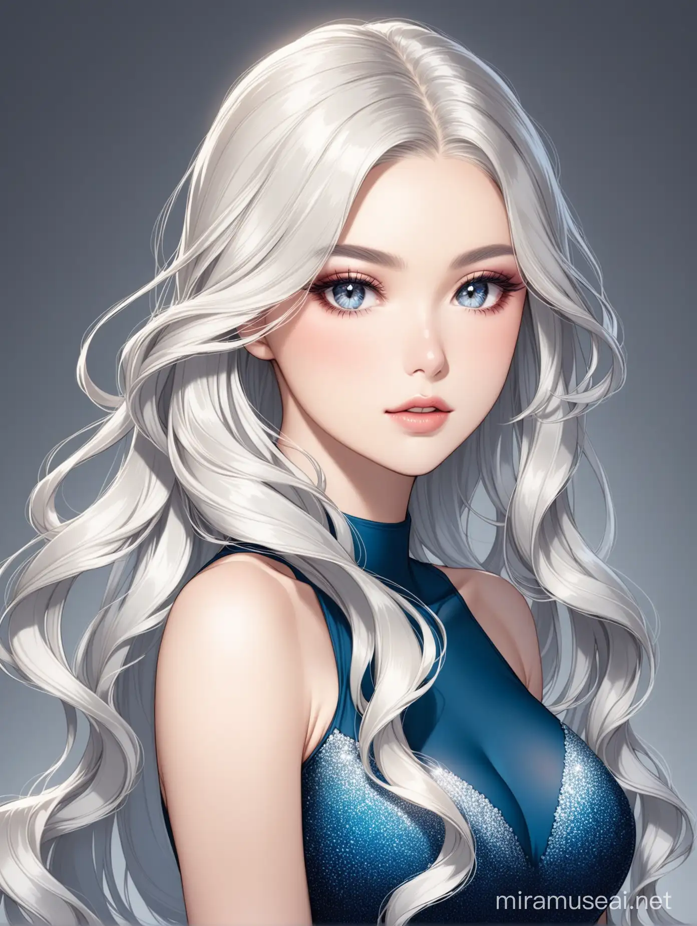 Elegant Woman with Platinum Blonde Hair and Blue Dress