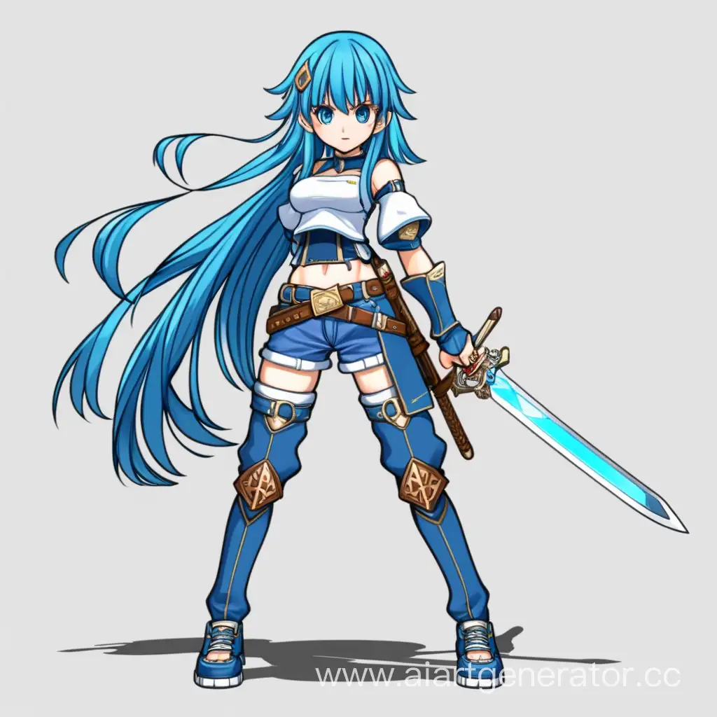 аниме девушка,с голубыми волосами, с мечом, спрайт для игры
