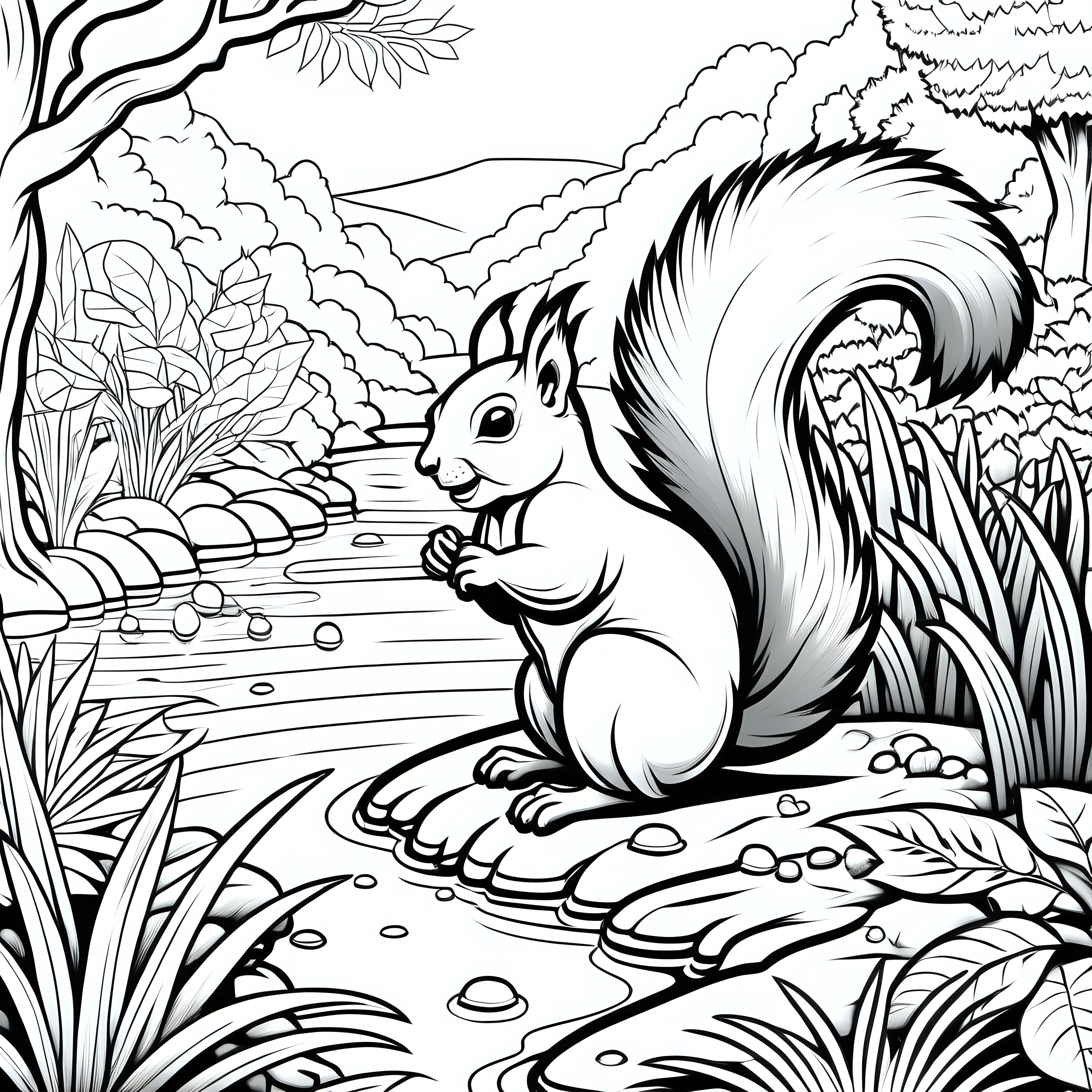 Squirrel in Garden of Eden Coloring Page Serene Wildlife by the Water