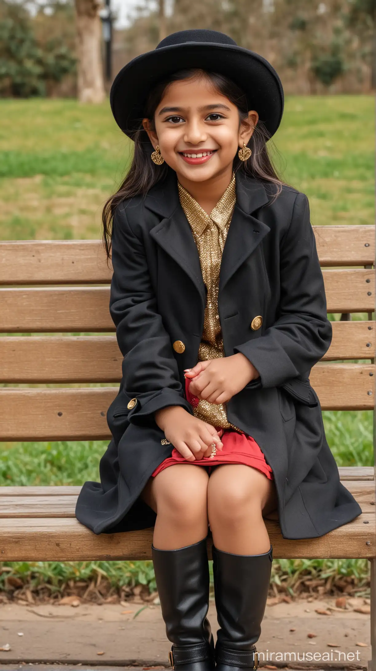 Cute 4 year indian girl sittinng on bench, wearing black coat and fancy hat, pale skintone, red lips, cute smile, dimple, gold earrings, platinum pendant, boots,