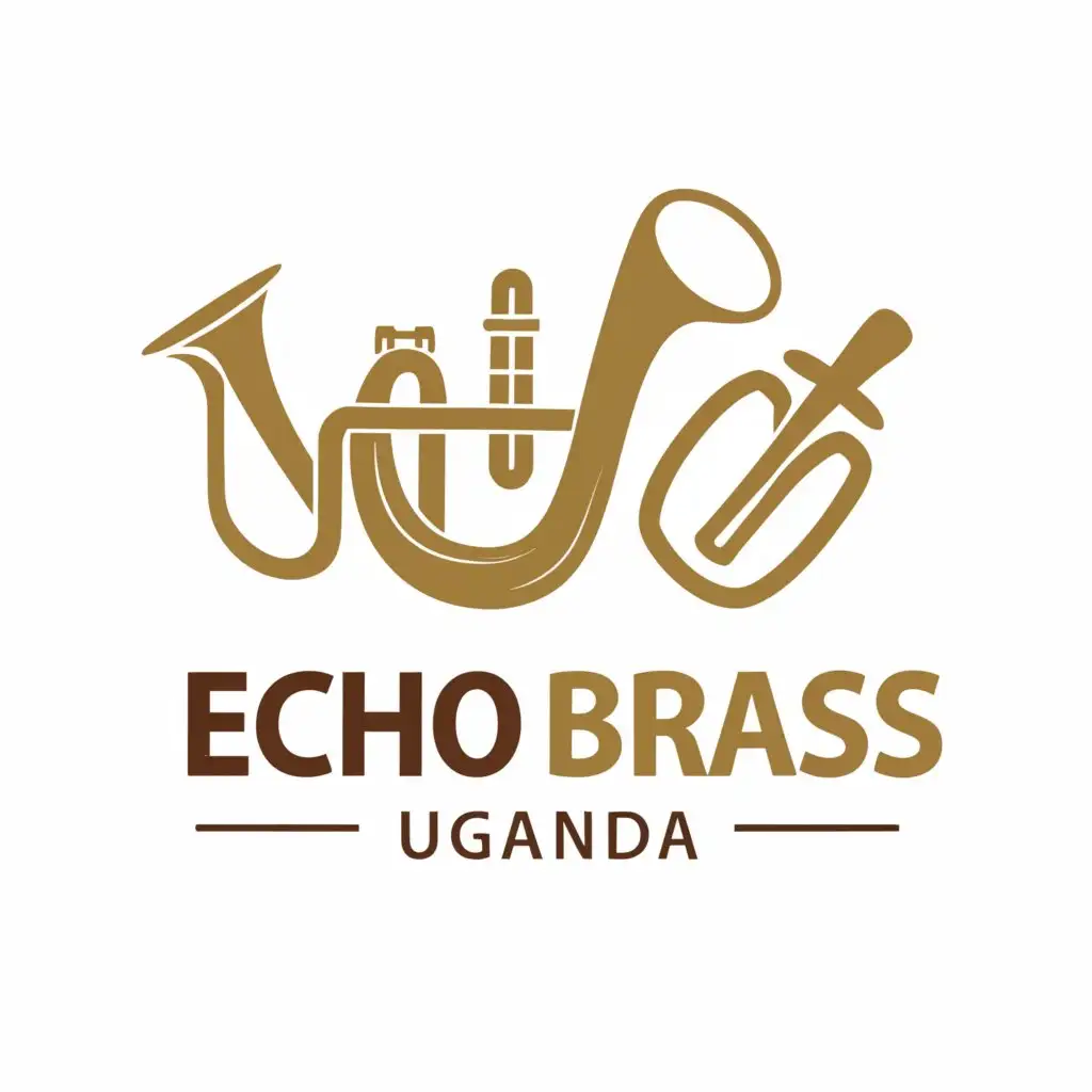 a logo design,with the text "ECHO BRASS UGANDA", main symbol:saxophone, trumpet and other musical instruments,Moderate,be used in Entertainment industry,clear background