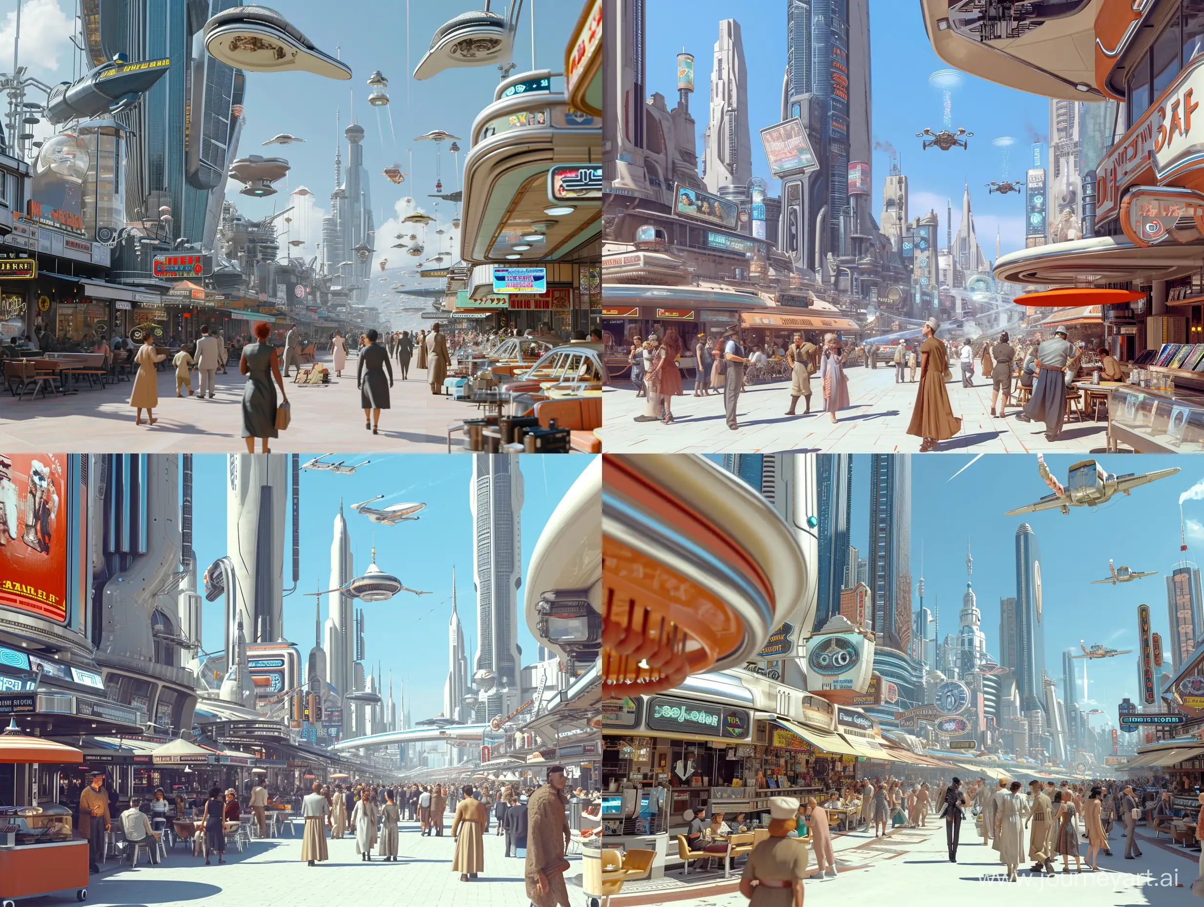 A bustling retro-futuristic cityscape during the day, with a relaxing atmosphere. The scene is a blend of retro sci-fi and naturalism, capturing the essence of a bygone era reimagined with futuristic elements. Skyscrapers with smooth curves and chrome finishes tower over quaint diners and arcades, featuring neon signs and holographic advertisements. People dressed in vintage-inspired future fashion stroll leisurely or ride on levitating public transport. The sky is a clear blue, dotted with sleek flying cars zipping by. Street vendors sell high-tech gadgets alongside vinyl records, creating a harmonious blend of past and future. The air is filled with a soft buzz of conversation, electronic beeps, and the whir of anti-gravity engines. The overall ambiance is vibrant and full of life, yet there's a sense of calmness in the air. Every detail is meticulously crafted to evoke a sense of wonder and nostalgia.

