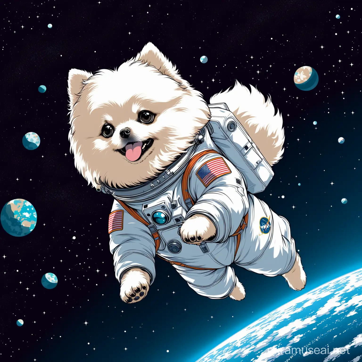 white pomeranian Astronaut floating in space