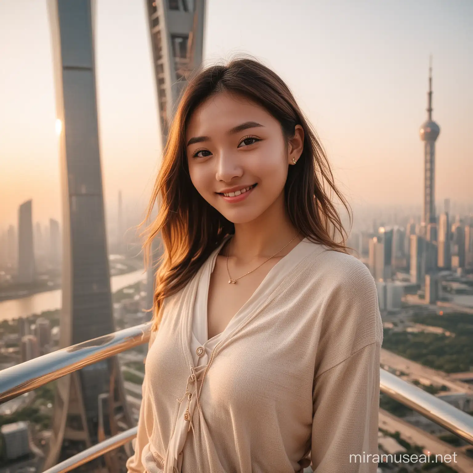 一个高中生女孩穿着柔软米白色的衣装，在广州塔顶层拍照打卡风景，纯真微笑，165身高，正值最后一道傍晚的阳光打在身上，暖色调，夏天，众人拍傍晚落日的场景，