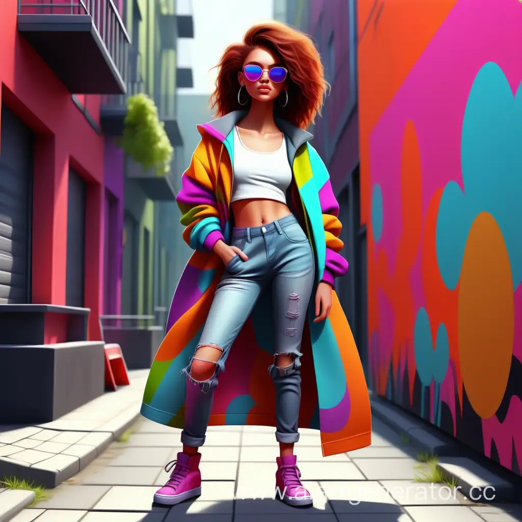 Bright colorful poster. A young beautiful fashionable urban girl in full height. high detail, clarity. high quality, 4K