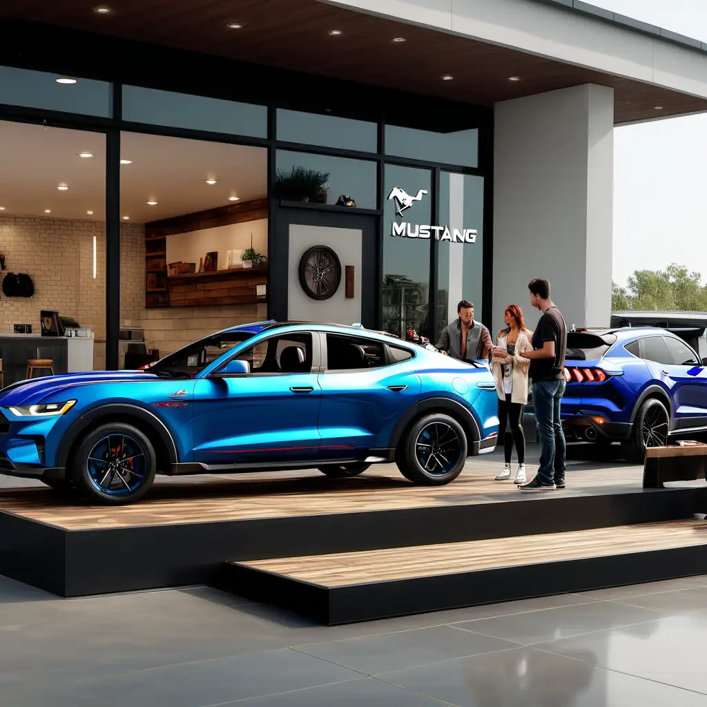 mustang mach-e on a platform at a dealership next to a cafe with couches and customers