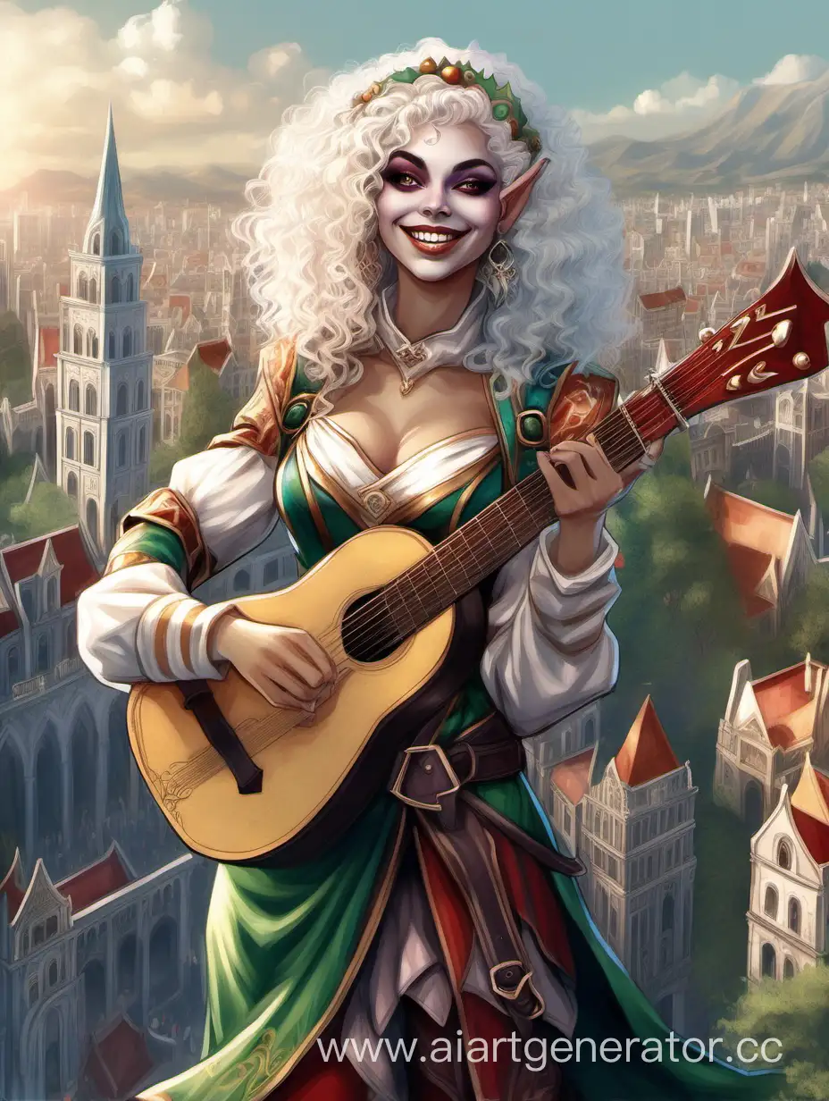 elf woman, black eyes, smiling widely, white curly hair, bright clothes of a jester, holding a lute, behind a fantasy city