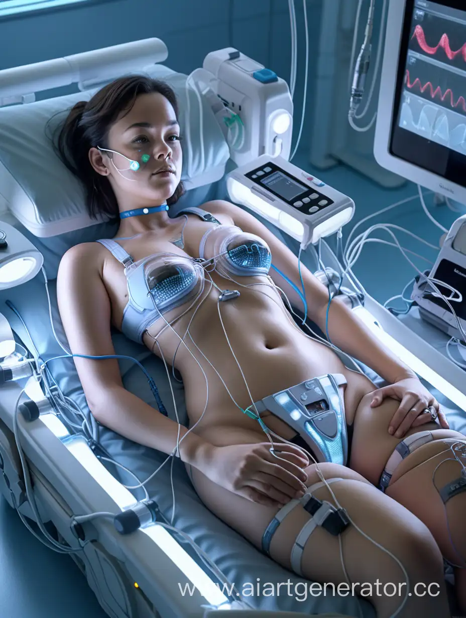 Adult woman lying down in a futuristic medical chamber. She is slightly overweight. Numerous heart monitor electrodes are placed on her chest and breasts, connected by wires. A tube connects a catheter inserted into her bladder and drains urine into a tube between her legs. She is wearing an underwire bra. Sensors are attached to her body to monitor her vital signs.