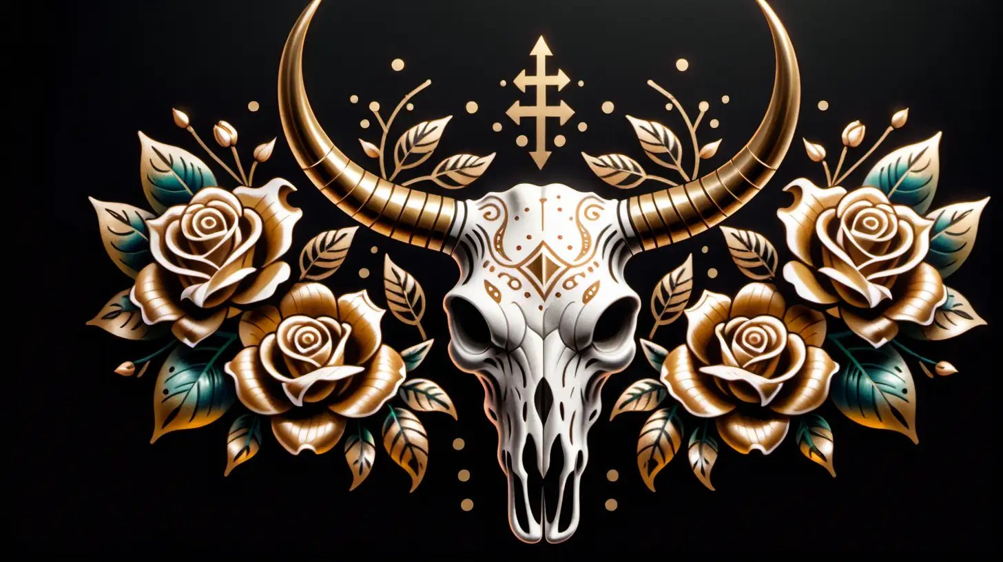 Golden Cow Skull Surrounded by Roses Vintage Tattoo Design on Black Background
